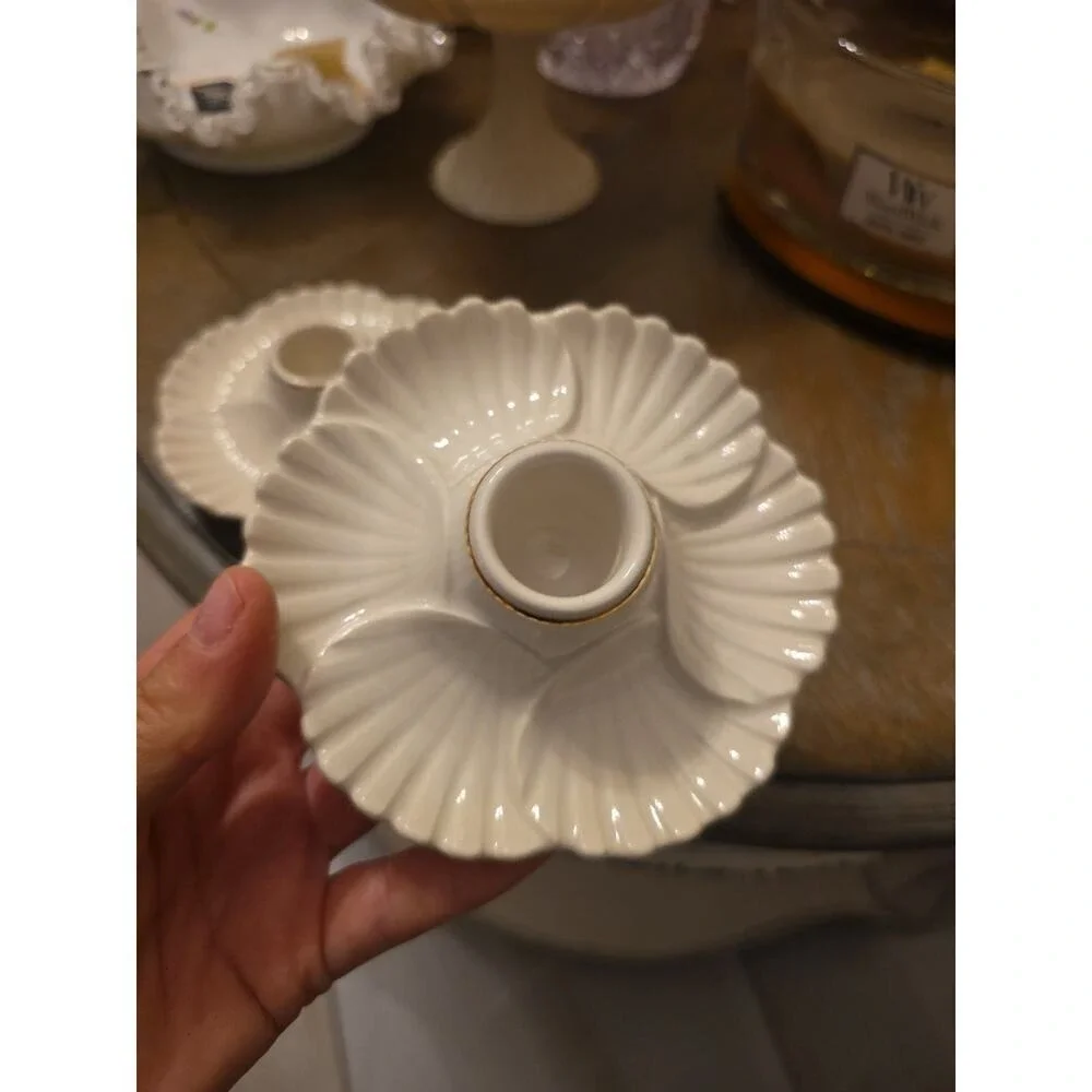 Lenox Shell Candlestick Candle Holders Set of 2 Ivory Gold Trim EUC Elegant‎